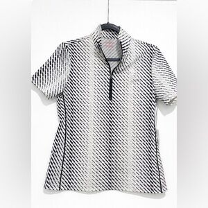 Kinona Black White Golf Top Womens small dash stripes activewear Nylon 1/2 Zip